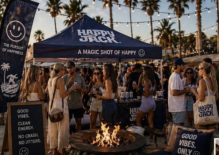 Happy Jack beach event tent at sunset with friends gathered around the fire pit