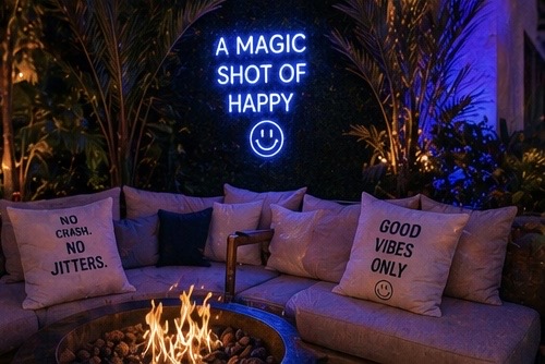 A Magic Shot of Happy neon sign at lounge