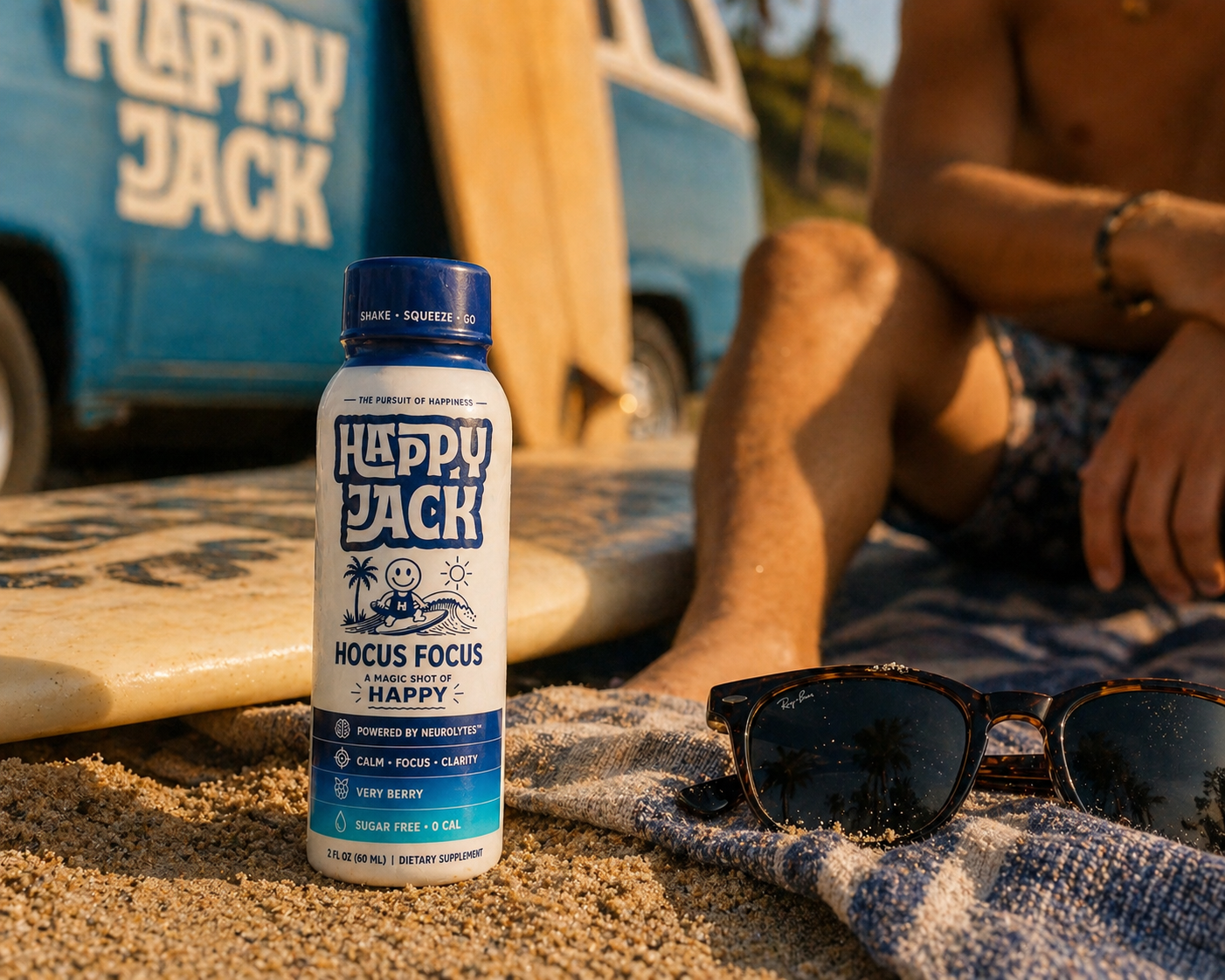 Happy Jack bottle on the beach with surfboard and van at sunset