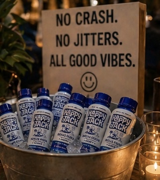 Bucket of Happy Jack bottles with No Crash No Jitters sign